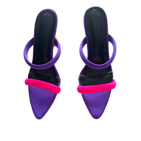 Gold Pyramid High Heel Mules Sandals Neon Pink & Purple Straps Chic Party Size 8 - Picture 5 of 9